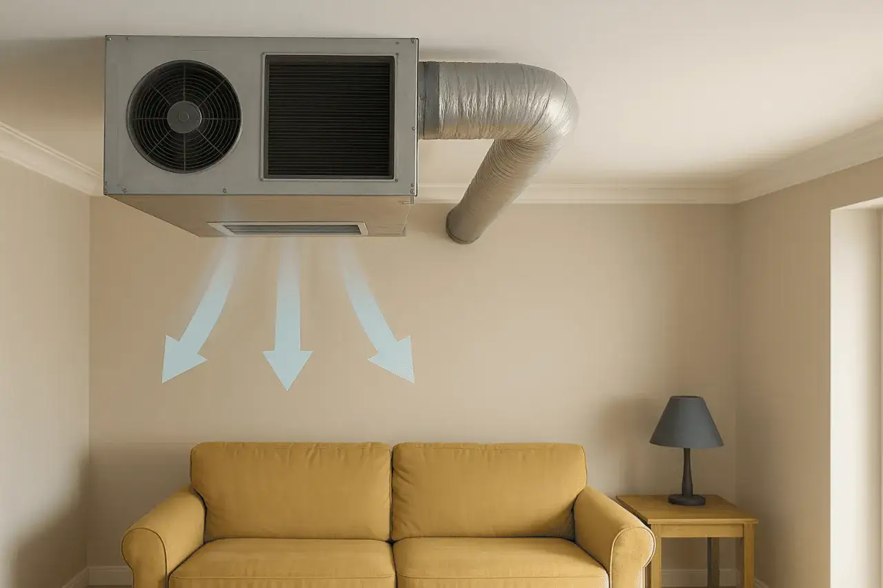 Unit&agrave; di condizionamento a soffitto, con bocchette e frecce che indicano il flusso d'aria. Ideale per chi cerca condizionatori inferiori a 12 kw.