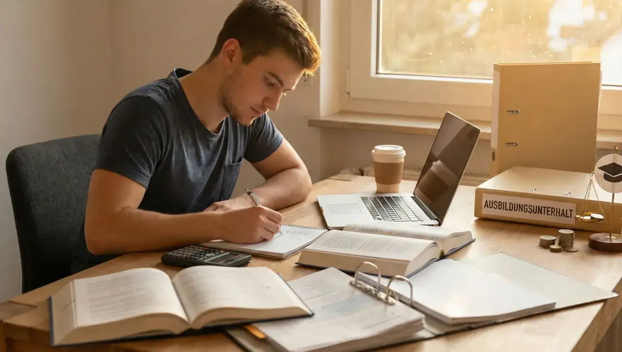 Ein junger Mann lernt am Schreibtisch, umgeben von Büchern und einem Laptop. Auf dem Tisch liegt eine Akte mit der Aufschrift