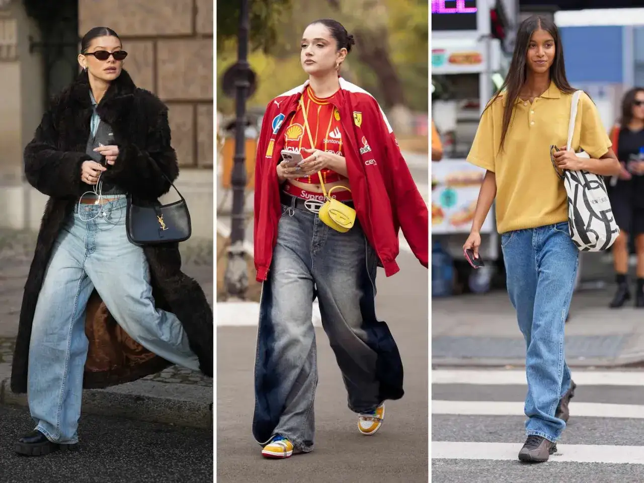 Drei Frauen stylen Mom Jeans: l&auml;ssig mit Fellmantel, sportlich mit Bomberjacke oder schlicht mit Poloshirt.