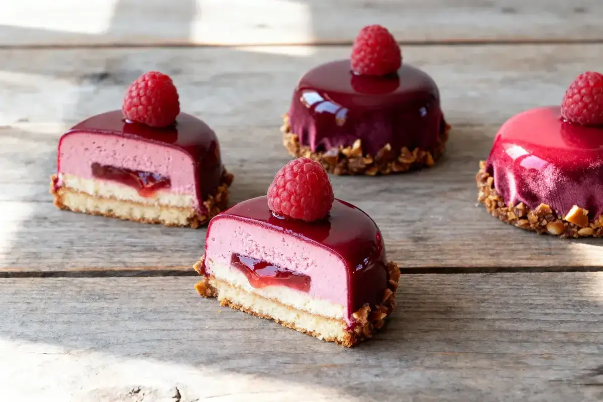 Quatre d&eacute;licieux bavarois framboise, glac&eacute;s et orn&eacute;s d'une framboise fra&icirc;che, sur fond de bois.