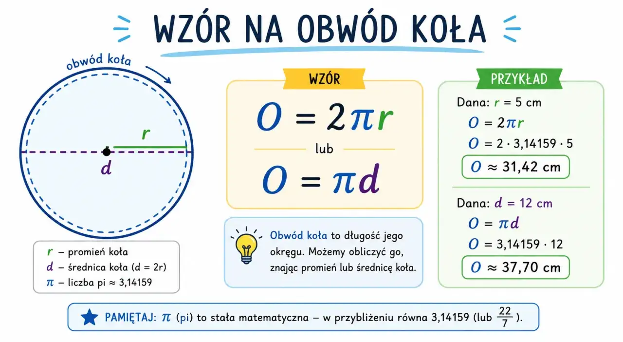 Wzór na obwód koła: O = 2πr lub O = πd. Obliczenia pokazują, jak wyznaczyć pole okręgu.