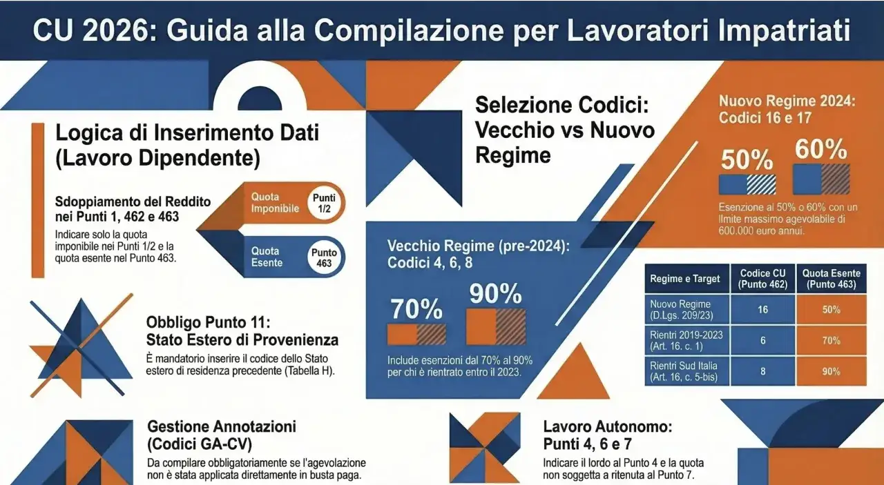 Guida alla compilazione CU 2026 per impatriati: logica inserimento dati, sdoppiamento reddito, selezione codici (vecchio vs nuovo regime), obbligo punto 11 e gestione annotazioni. Esempio CUD.