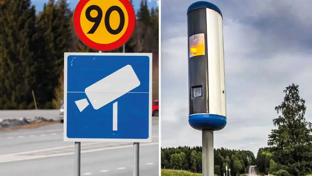 Vägskylt som varnar för fartkamera. En fartkamera avstånd kan vara nära.