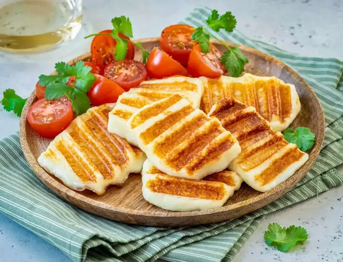 Grillowany ser halloumi na drewnianej tacy, podany z pomidorkami koktajlowymi i świeżą kolendrą. Idealny na letnie przekąski.