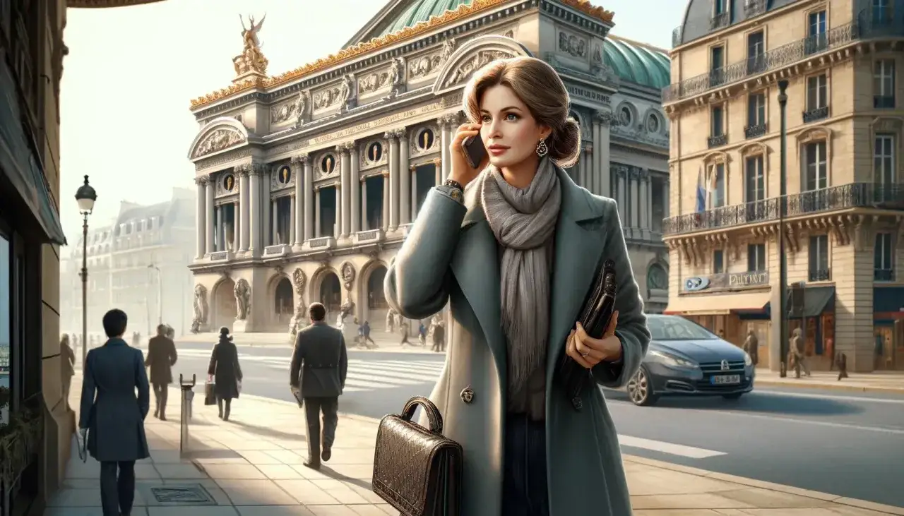 Elegante mujer en Par&iacute;s, hablando por tel&eacute;fono, con el Palais Garnier de fondo. 