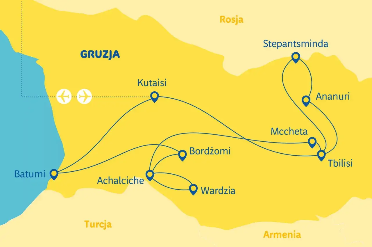 Mapa Gruzji z zaznaczonymi miastami: Batumi, Kutaisi, Achalciche, Wardzia, Bordżomi, Mccheta, Tbilisi, Stepantsminda. Idealna na gruzja wakacje na własną rękę.