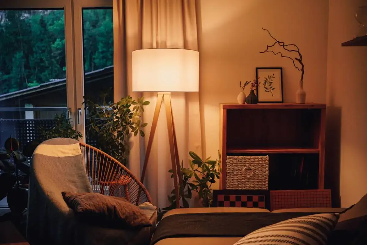 Un sill&oacute;n acogedor y una l&aacute;mpara de pie crean un ambiente c&aacute;lido con un suave flujo luminoso. Plantas verdes y una estanter&iacute;a completan la escena.