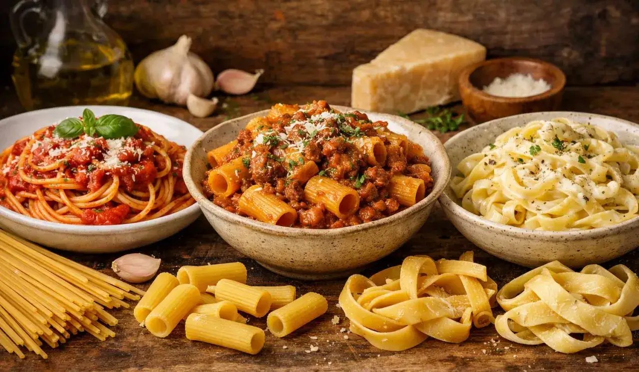 Drei Sch&uuml;sseln mit Pasta: Spaghetti Bolognese, Rigatoni mit Hackfleischsauce und cremige Fettuccine. Daneben rohe Nudeln, Knoblauch und Parmesan. Wie viele Nudelsorten es gibt, ist unklar, aber diese hier sehen k&ouml;stlich aus.