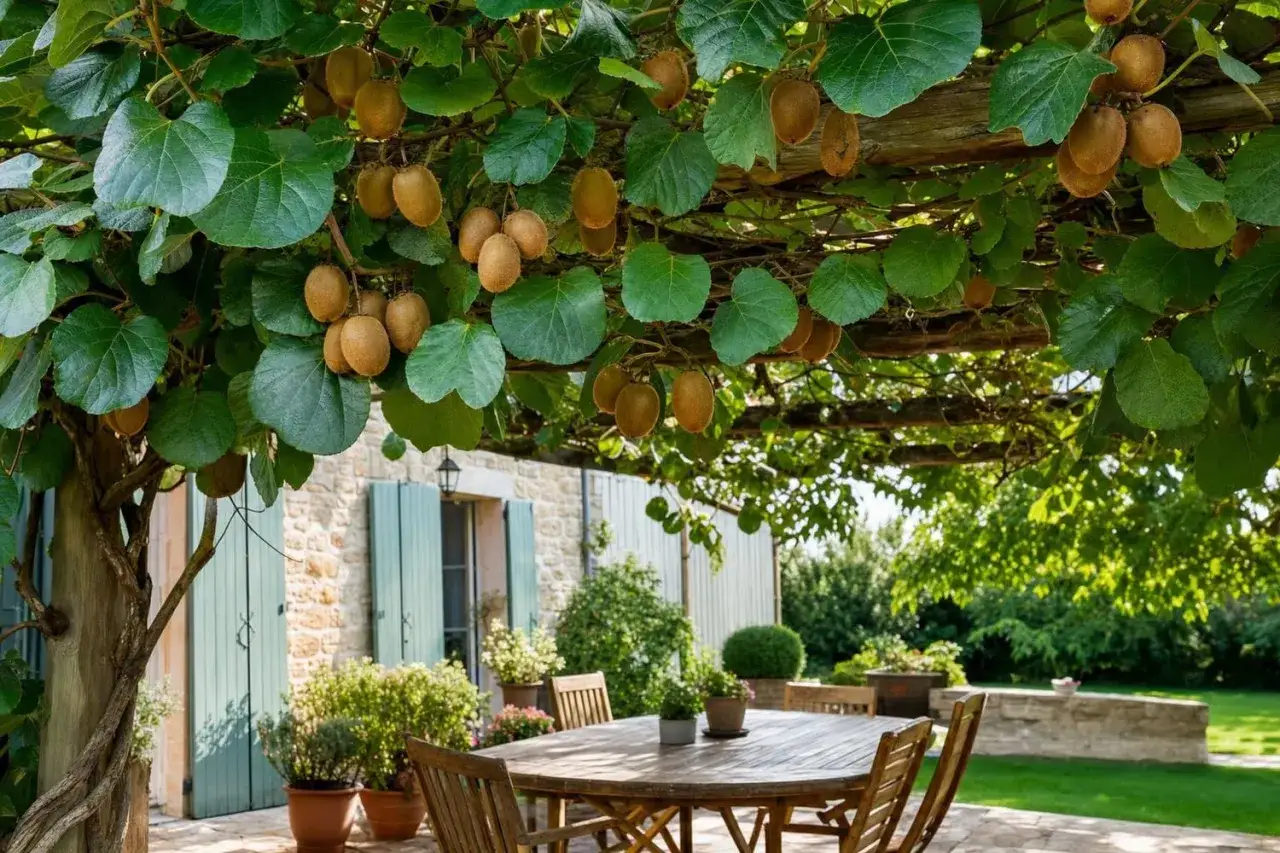 Un arbre kiwi charg&eacute; de fruits m&ucirc;rs offre une ombre naturelle sur une terrasse ensoleill&eacute;e avec une table en bois.