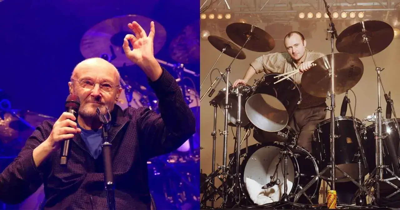 Phil Collins, ikona zespołu Genesis, śpiewa na scenie i gra na perkusji.