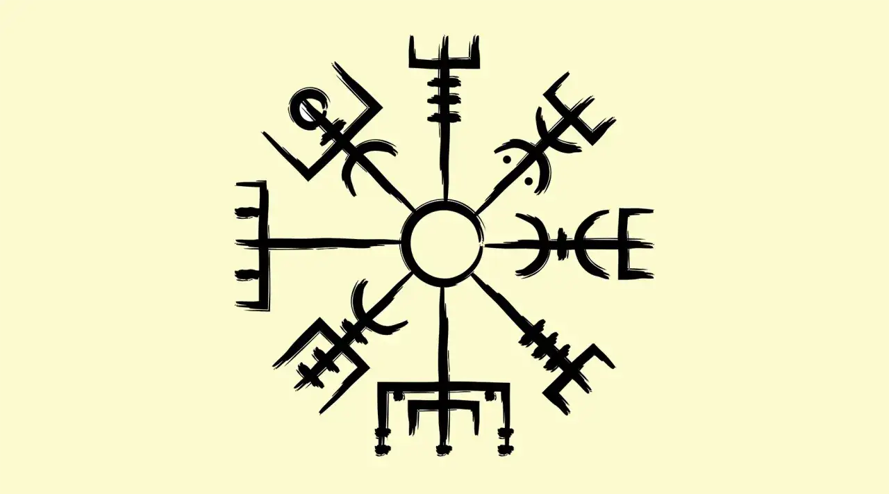Czarny symbol vegvisir na jasnym tle. Runiczny kompas, który według legendy prowadzi przez mgłę i burzę.