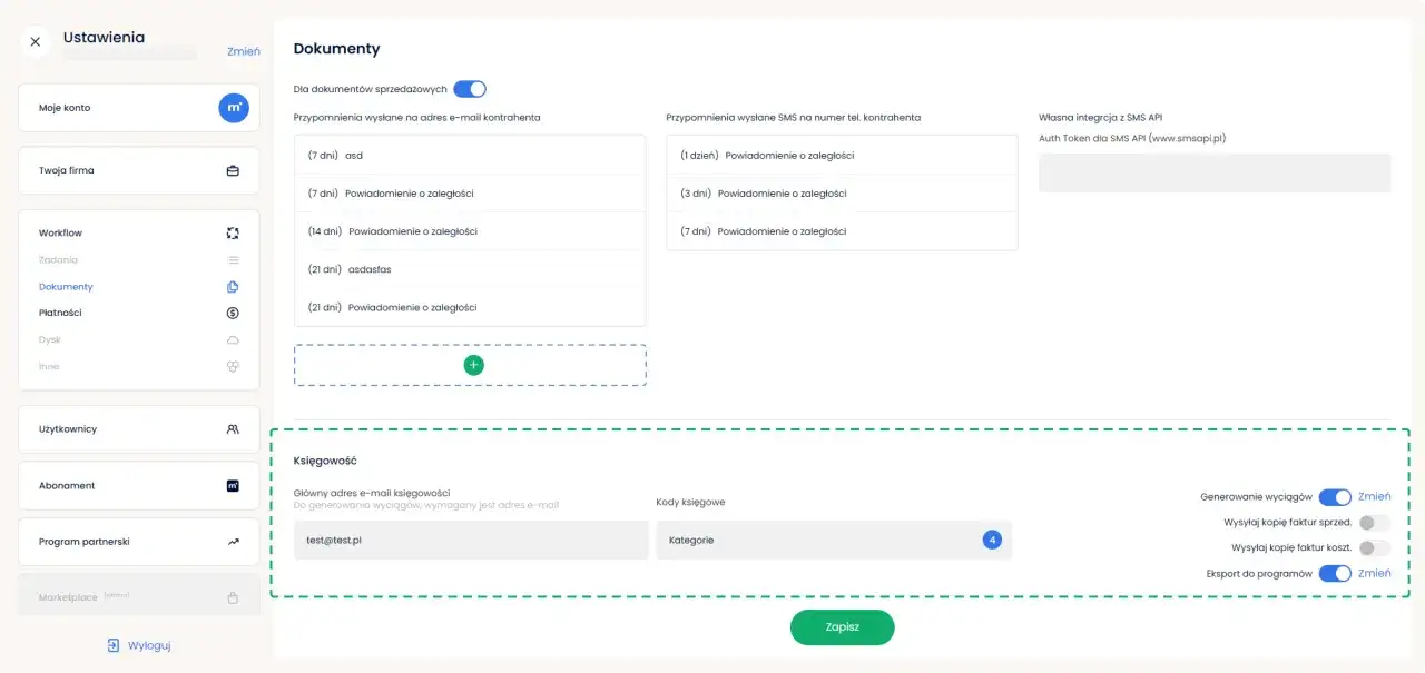 Ustawienia księgowości: główny adres e-mail, kody księgowe i opcje generowania wyciągów.