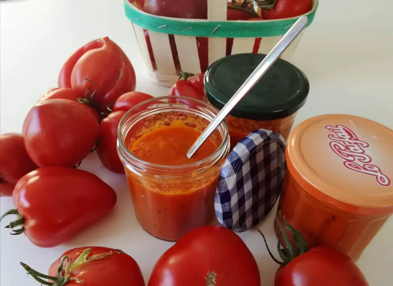 Des tomates fra&icirc;ches entourent un pot de tomate concass&eacute;e, pr&ecirc;t &agrave; &ecirc;tre d&eacute;gust&eacute;.