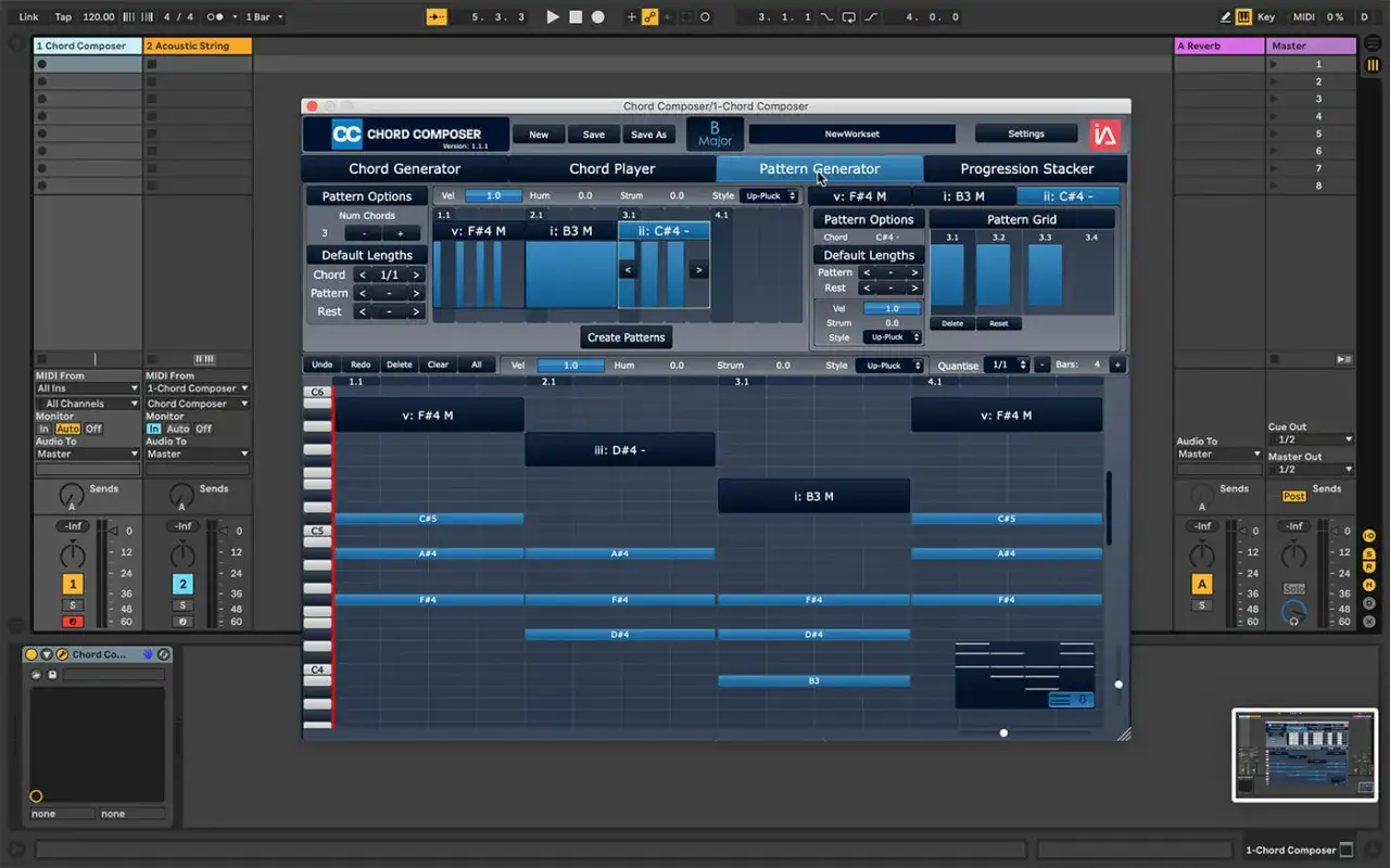 Logiciel gratuit pour trouver les accords d'une chanson. L'interface de Chord Composer affiche des pistes MIDI et des options pour g&eacute;n&eacute;rer des progressions.