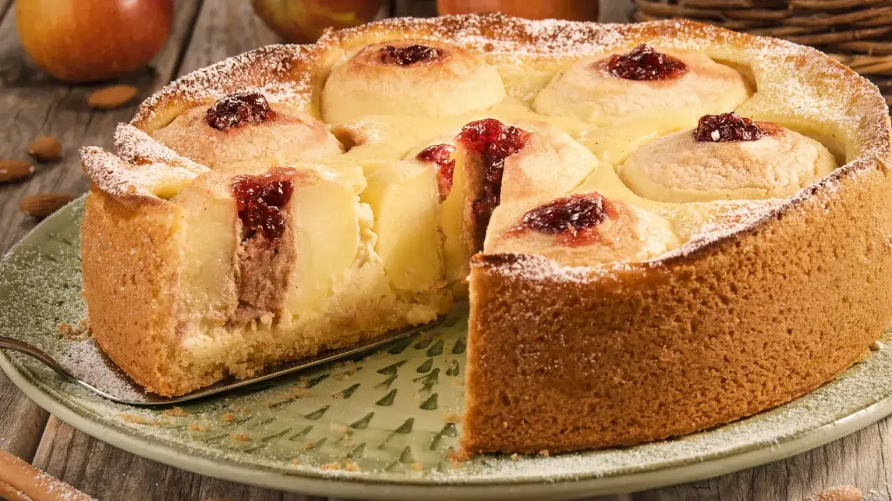 Ein saftiger Bratapfelkuchen mit Marzipan, best&auml;ubt mit Puderzucker, auf einem gr&uuml;nen Teller.