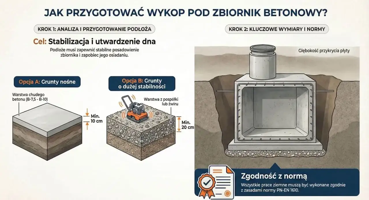 Instrukcja montażu szamba: przygotowanie podłoża (chudy beton lub żwir) i wykopu zgodnie z normą PN-EN 1610.