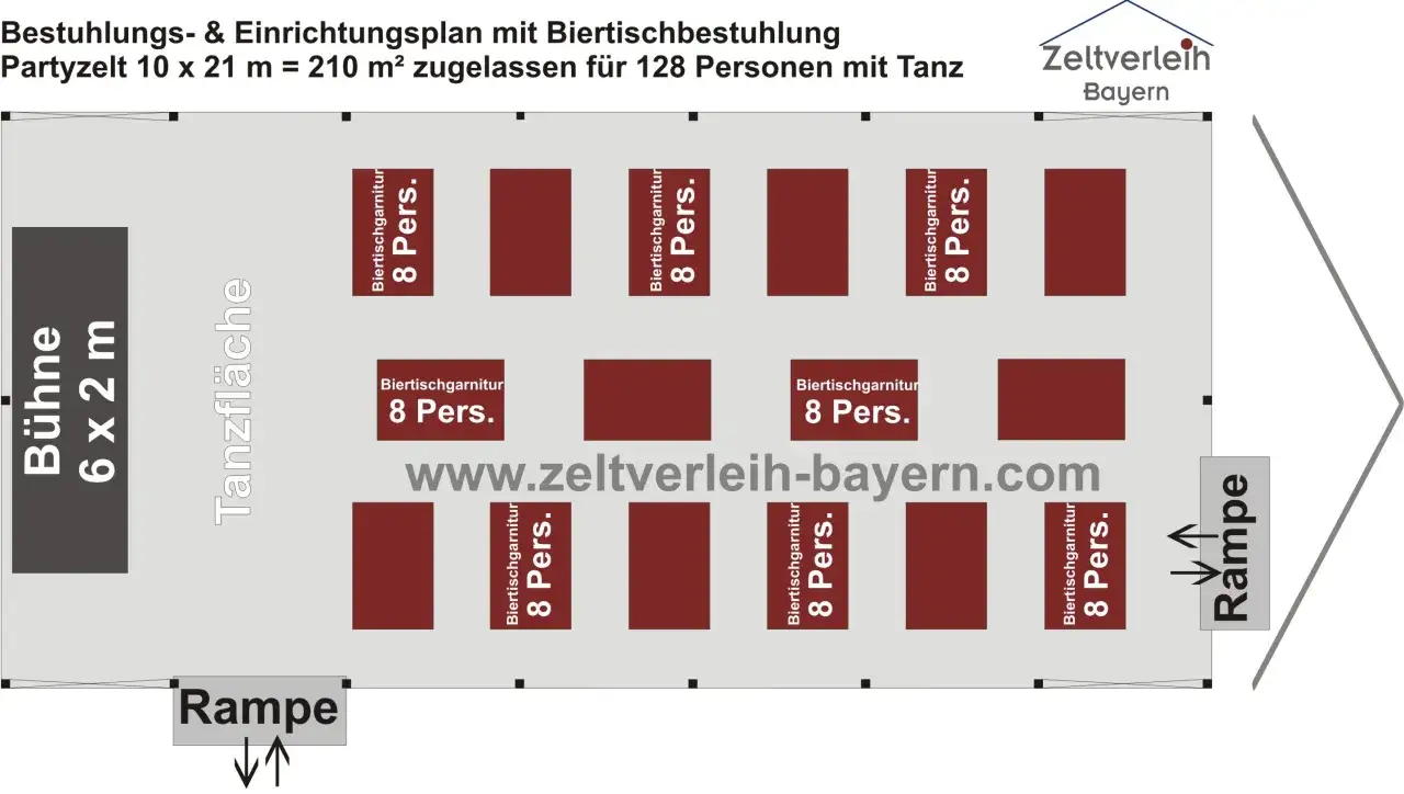 Grundriss eines Partyzelts mit B&uuml;hne, Tanzfl&auml;che und Biertischgarnituren f&uuml;r Ihre bier events. Platz f&uuml;r 128 Personen.