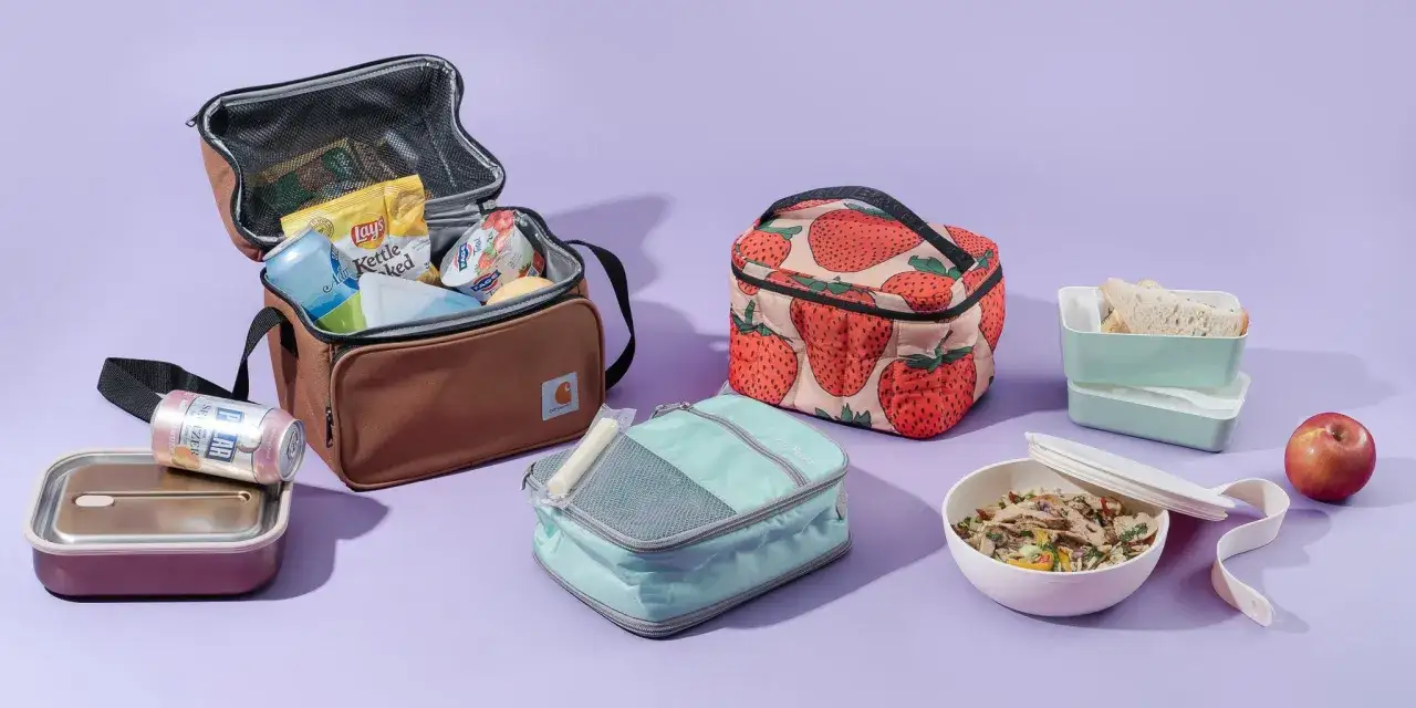 Mehrere Lunchboxen und K&uuml;hltaschen sind bereit f&uuml;r **Essen zum Mitnehmen**. Darin sind Snacks, Getr&auml;nke und eine Mahlzeit.