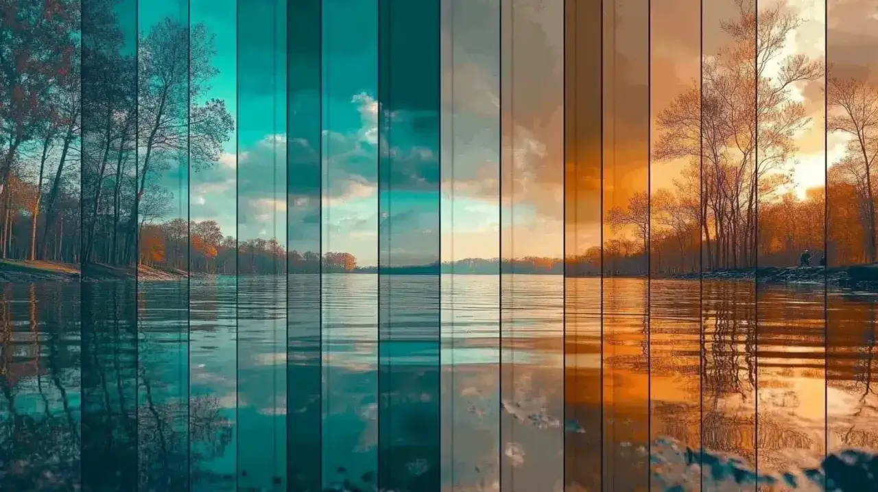 Un paesaggio diviso in strisce verticali, che mostra la transizione tra colori complementari, dal blu-verde all'arancione-giallo, con riflessi sull'acqua.