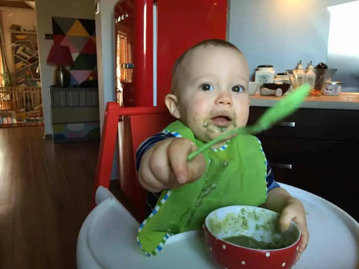 Uśmiechnięty maluch w zielonym śliniaku je zielone puree. Może to jego pierwsze spotkanie z chlorella dla dzieci?