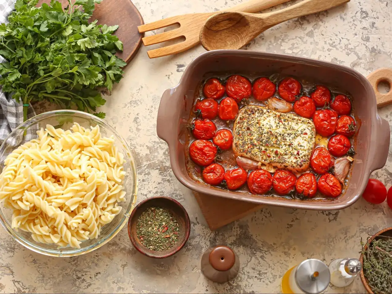 Pyszne pieczone pomidorki z fetą i czosnkiem, idealne na szybką kolację. Obok makaron fusilli i świeża natka pietruszki.