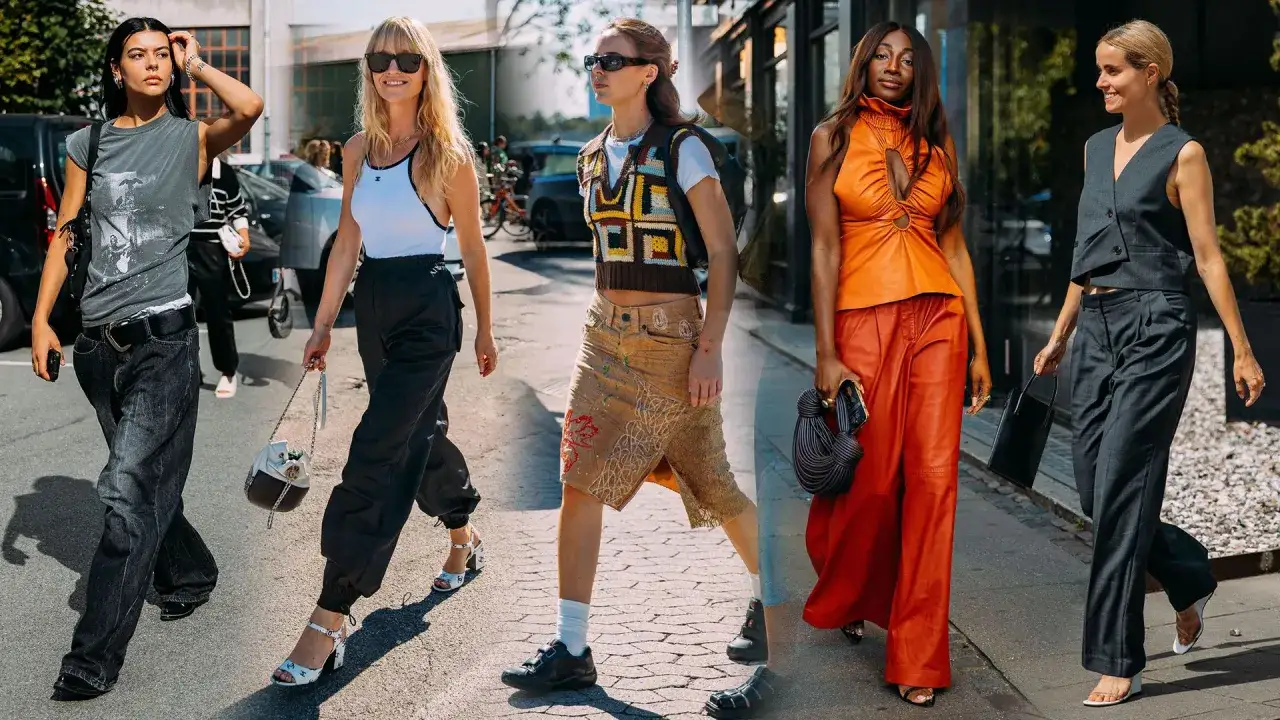 Kvinnor i trendiga outfits, en hyllning till copenhagen style. Jeans, cargobyxor, stickad väst och vida byxor i starka färger.