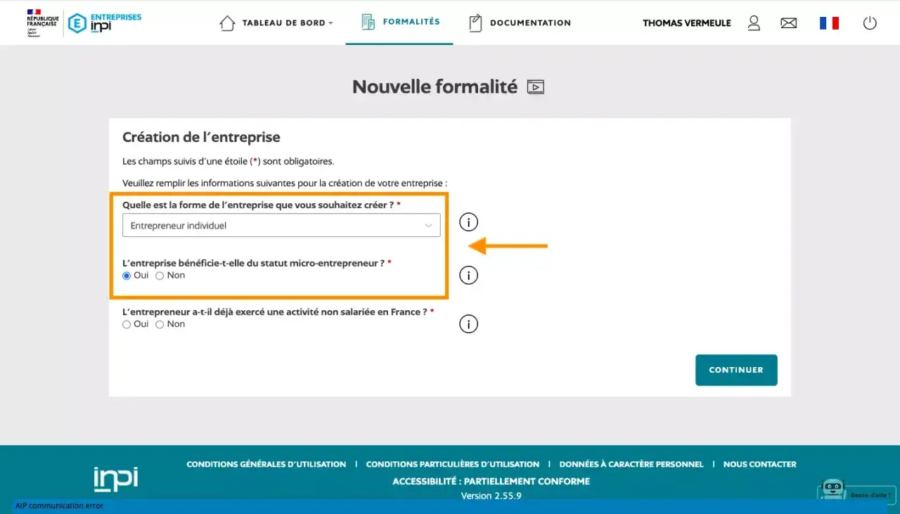 Formulaire de cr&eacute;ation d'entreprise : s&eacute;lection du statut d'entrepreneur individuel et confirmation pour le statut micro-entrepreneur.