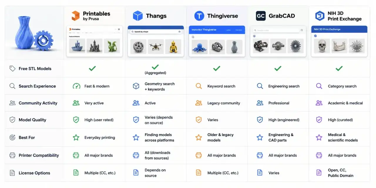 Por&oacute;wnanie platform z modelami 3D: Thingiverse, Thangs, Printables, GrabCAD, NIH 3D Print Exchange. Thingiverse oferuje wyszukiwanie po słowach kluczowych i legacy community.