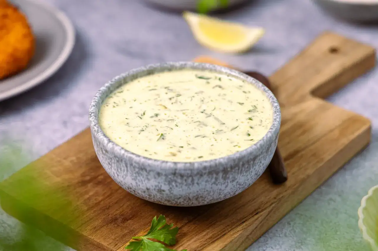 Cremige Sauce Tartar mit Dill und Kapern in einer Schale auf einem Holzbrett, perfekt zu Fisch.
