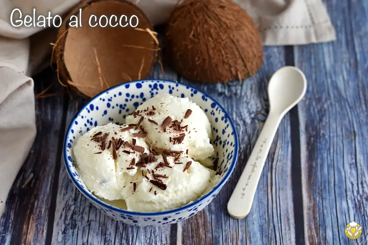 Delizioso gelato al cocco, preparato con la gelatiera, servito in una ciotola con scaglie di cioccolato. Accanto, gusci di cocco e un cucchiaino.