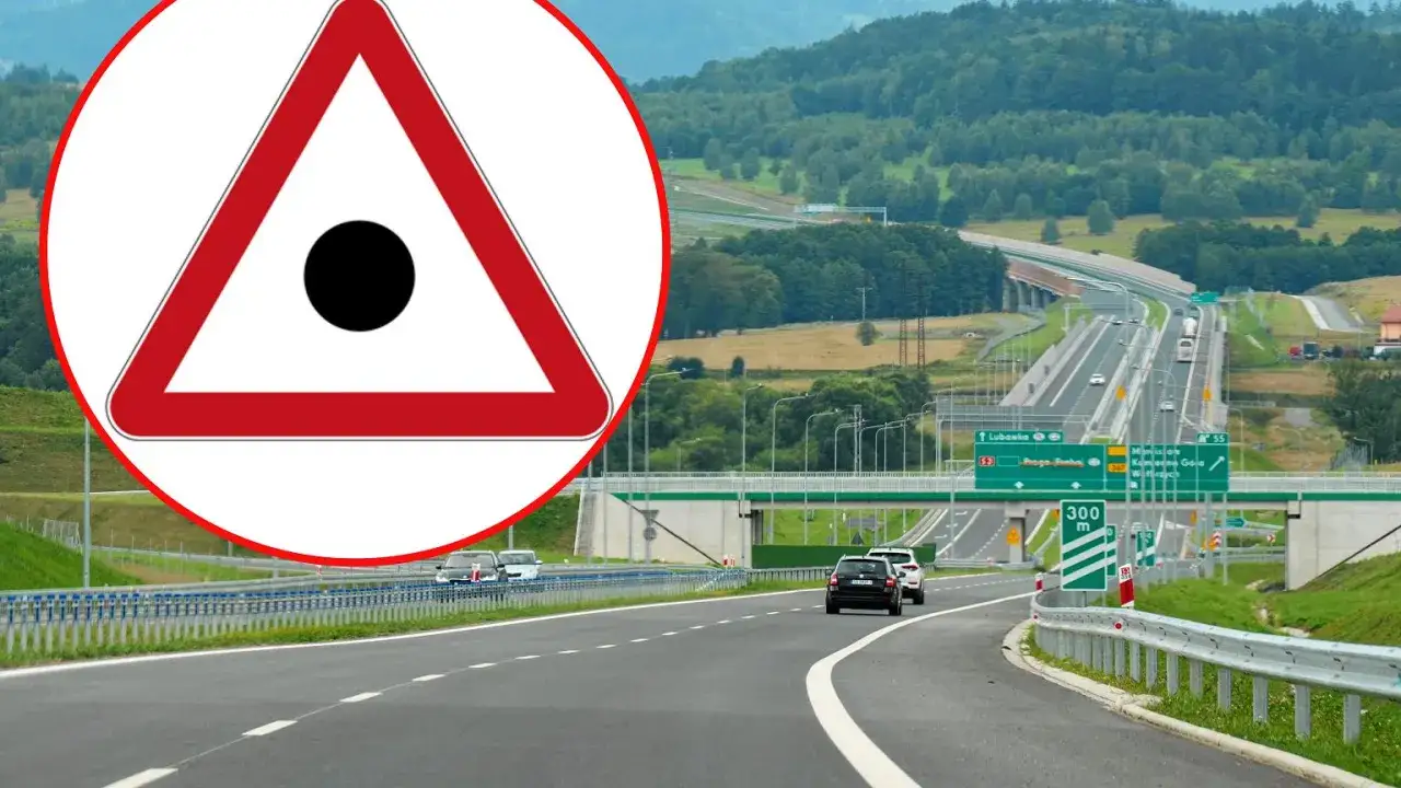 Znak ostrzegawczy przed przejściem dla zwierząt. Przepisy drogowe na Litwie wymagają uwagi na drogach szybkiego ruchu.