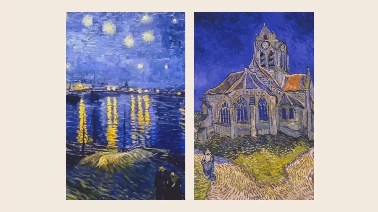 Deux tableaux de peintres impressionnistes célèbres : une nuit étoilée sur un port et une église sous un ciel nocturne.