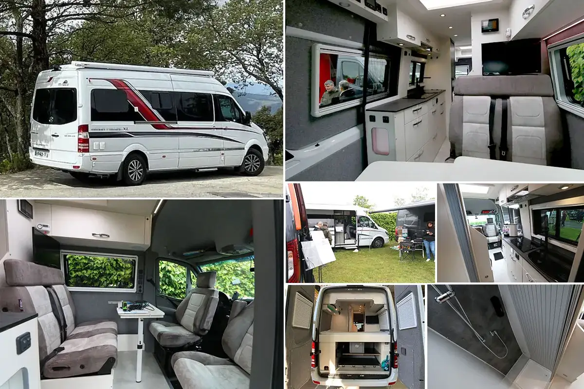 Aménagement intérieur d'un camping-car : cuisine, salon, et une salle de bain arrière fonctionnelle.