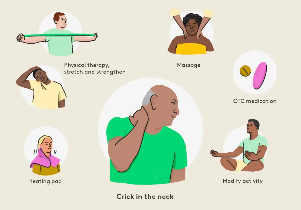 Illustration zeigt verschiedene Methoden zur Linderung von Nackenschmerzen, wie z.B. Dehnen, Massage und W&auml;rme. Ein Mann h&auml;lt sich den Nacken, als ob er ein Knacken sp&uuml;rt.