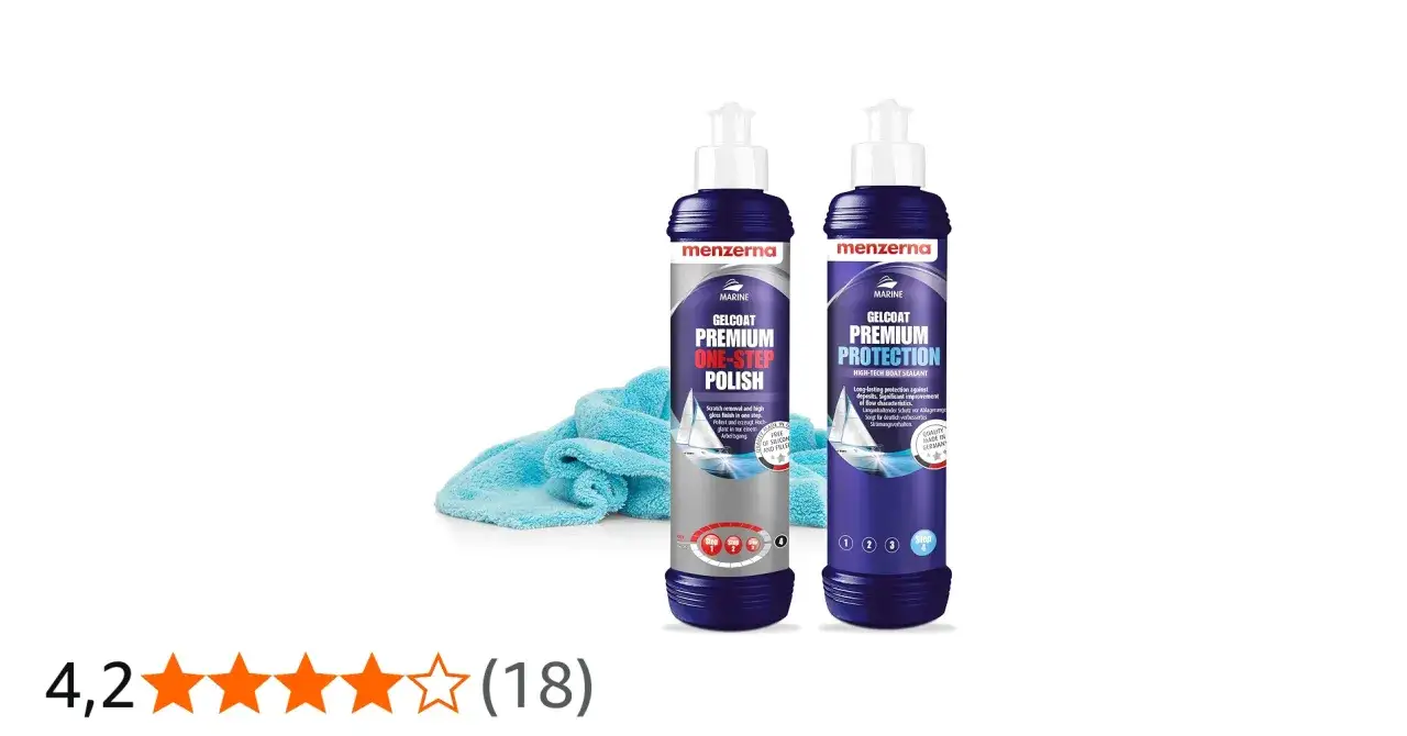 Två flaskor Menzerna Gelcoat Premium Protection och en blå trasa. Perfekt för att ge din båt en glansig och skyddad yta.
