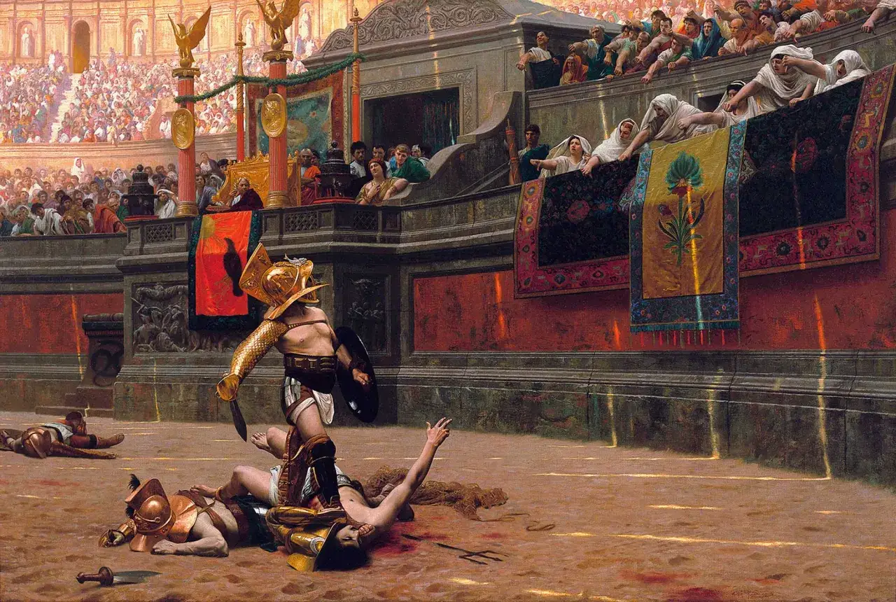 Zwycięski gladiator stoi nad pokonanymi przeciwnikami. Tłum na trybunach obserwuje krwawą walkę.