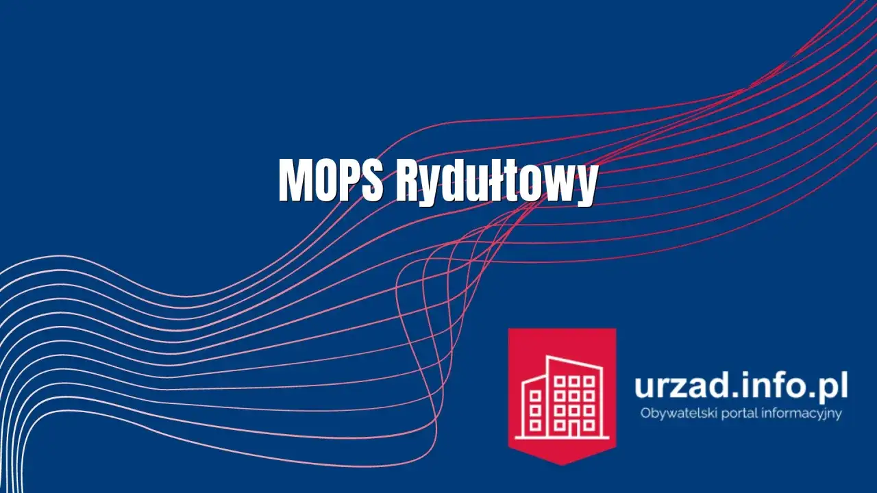 MOPS Rydułtowy – Miejski Ośrodek Pomocy Społecznej. Logo z budynkiem i adres strony urzad.info.pl.