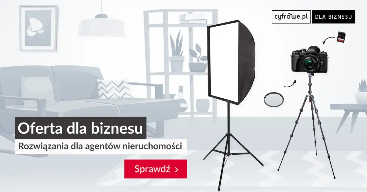 Profesjonalny obiektyw do wnętrz, aparat, statyw i lampa studyjna. Idealne narzędzia dla agentów nieruchomości.