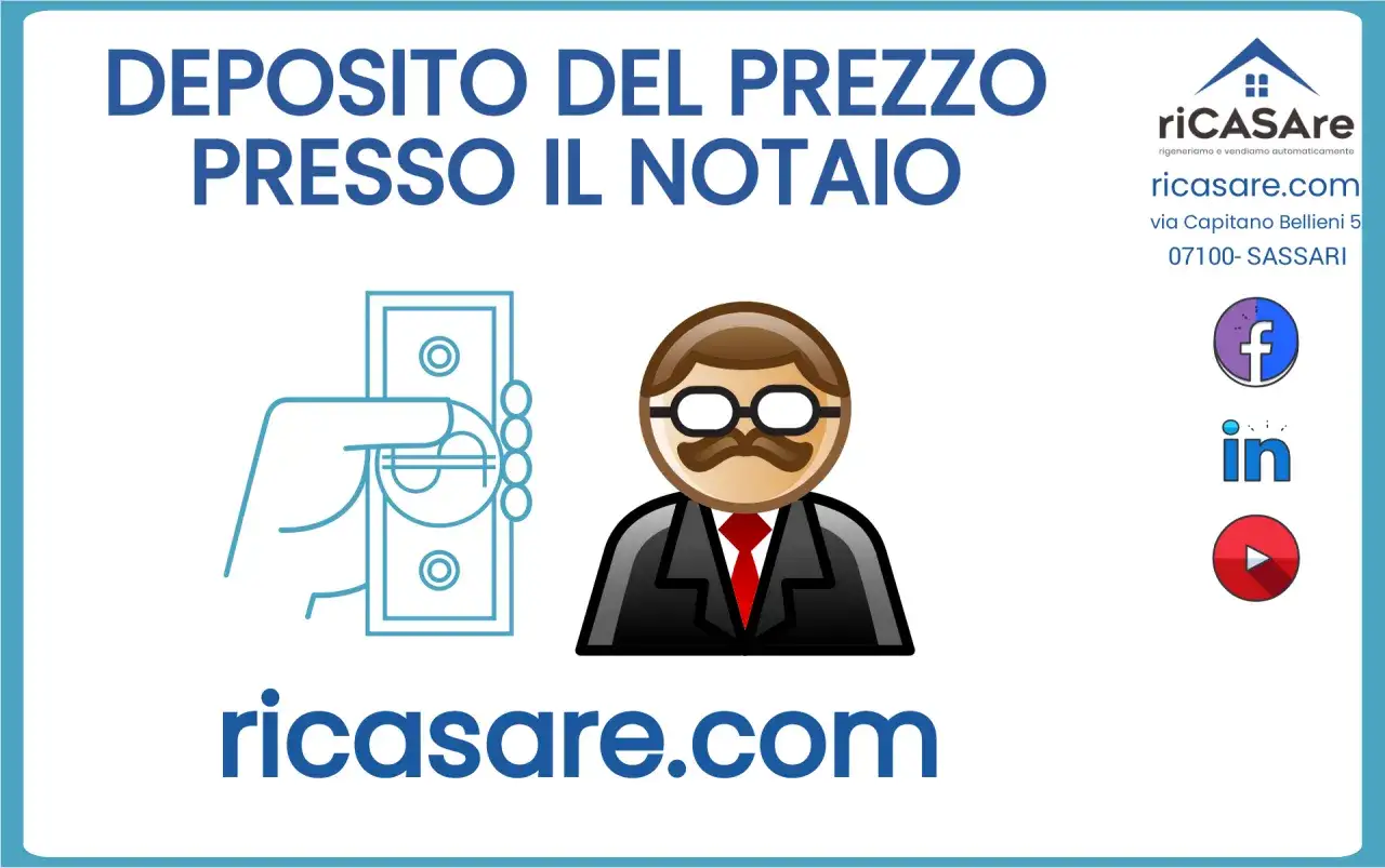 Deposito del prezzo presso il notaio con ricasare.com. Icona di una mano che consegna denaro a un notaio stilizzato.