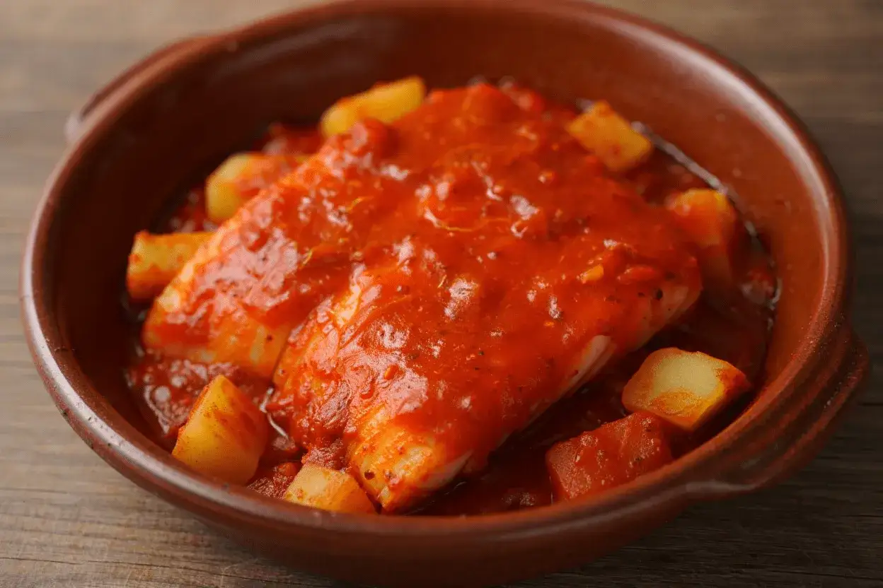 Bacalao a la riojana, un plato tradicional con trozos de patata y pimiento en una rica salsa de tomate.