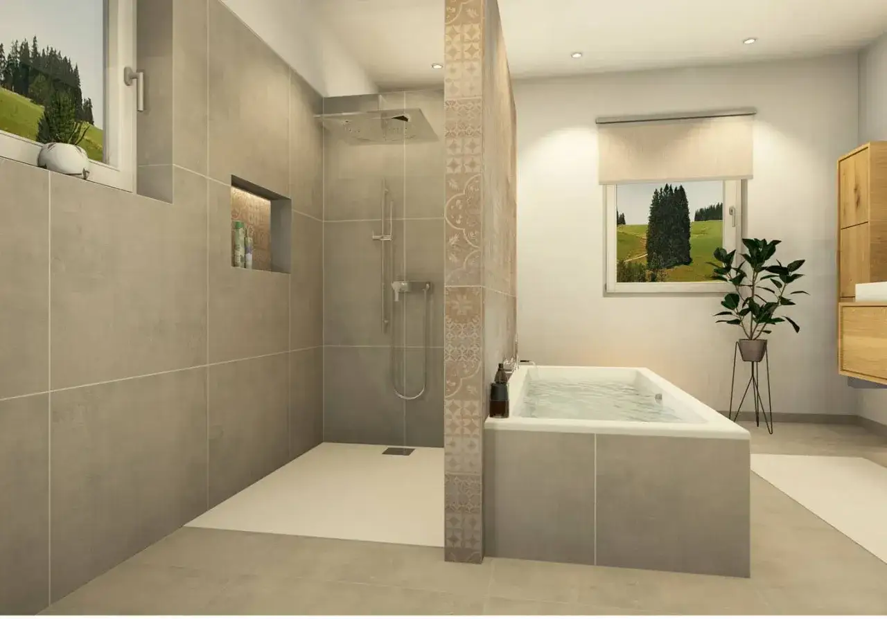 Salle de bain moderne avec baignoire et douche &agrave; l'italienne. La **dimension douche italienne** est parfaite pour un espace spacieux.