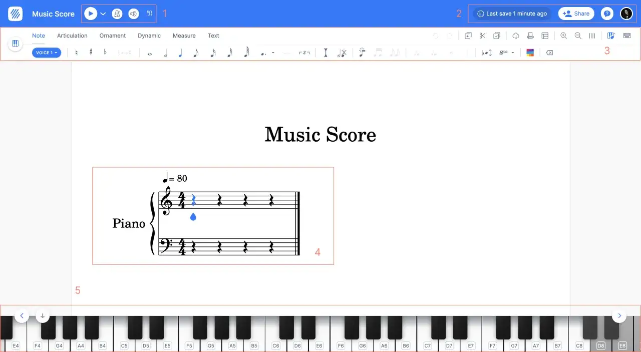 Interfaccia per creare spartito online. Visualizza una partitura musicale con note e una tastiera virtuale.