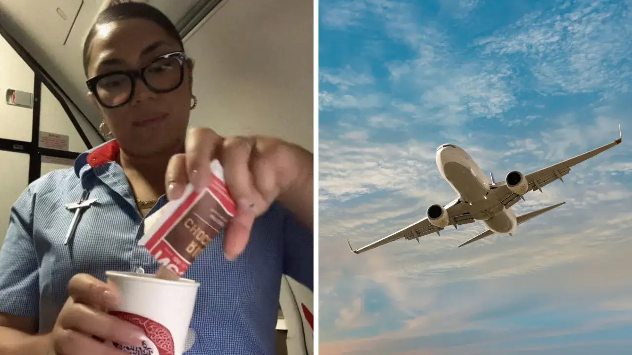 Una azafata prepara una bebida caliente mientras un avión vuela en el cielo. ¡Sí, puedo llevar chocolates en la maleta de mano!