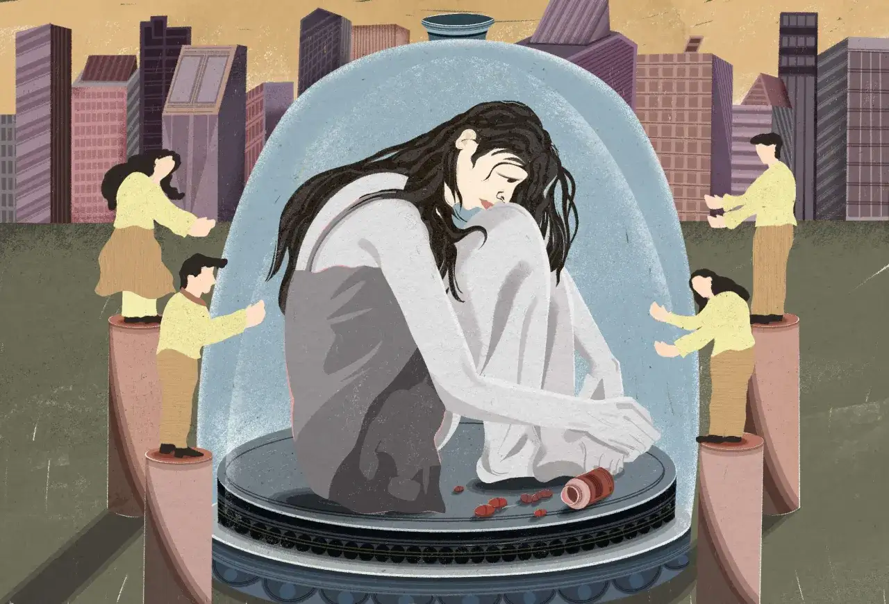 Een vrouw zit opgesloten in een glazen bol, omringd door mensen die haar willen bereiken. Dit beeld symboliseert de isolatie bij rejection sensitive dysphoria.
