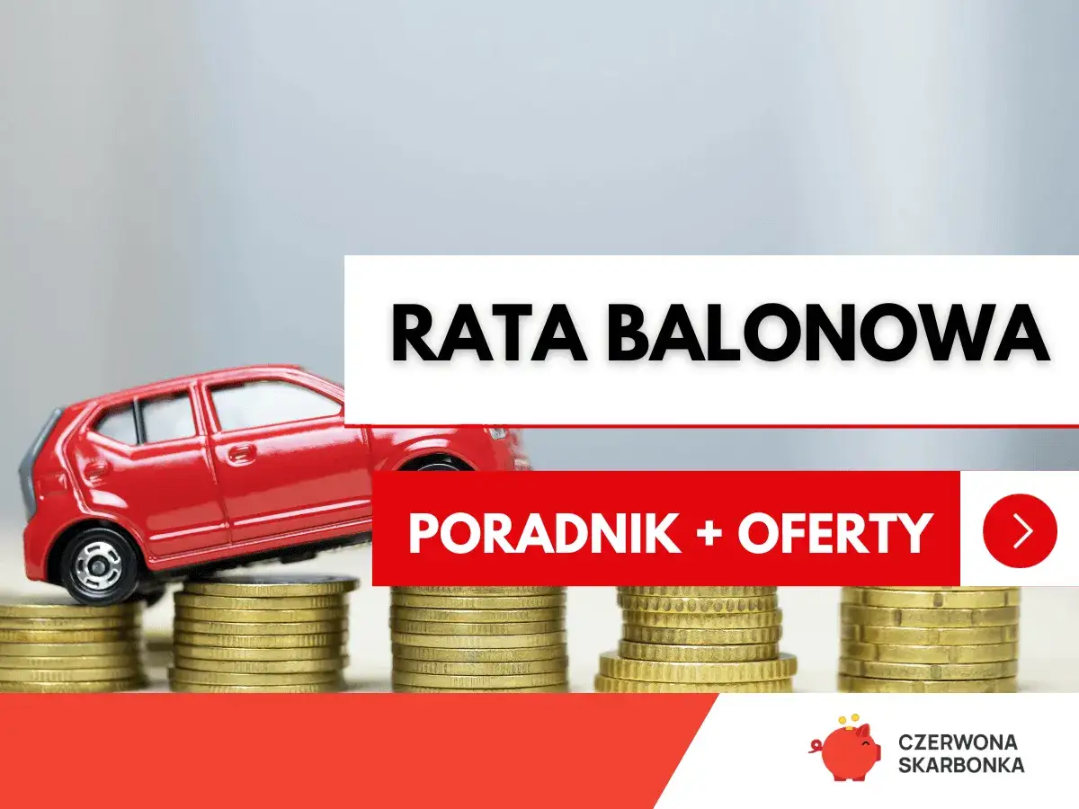 Czerwony samochodzik na stosach monet. Napis