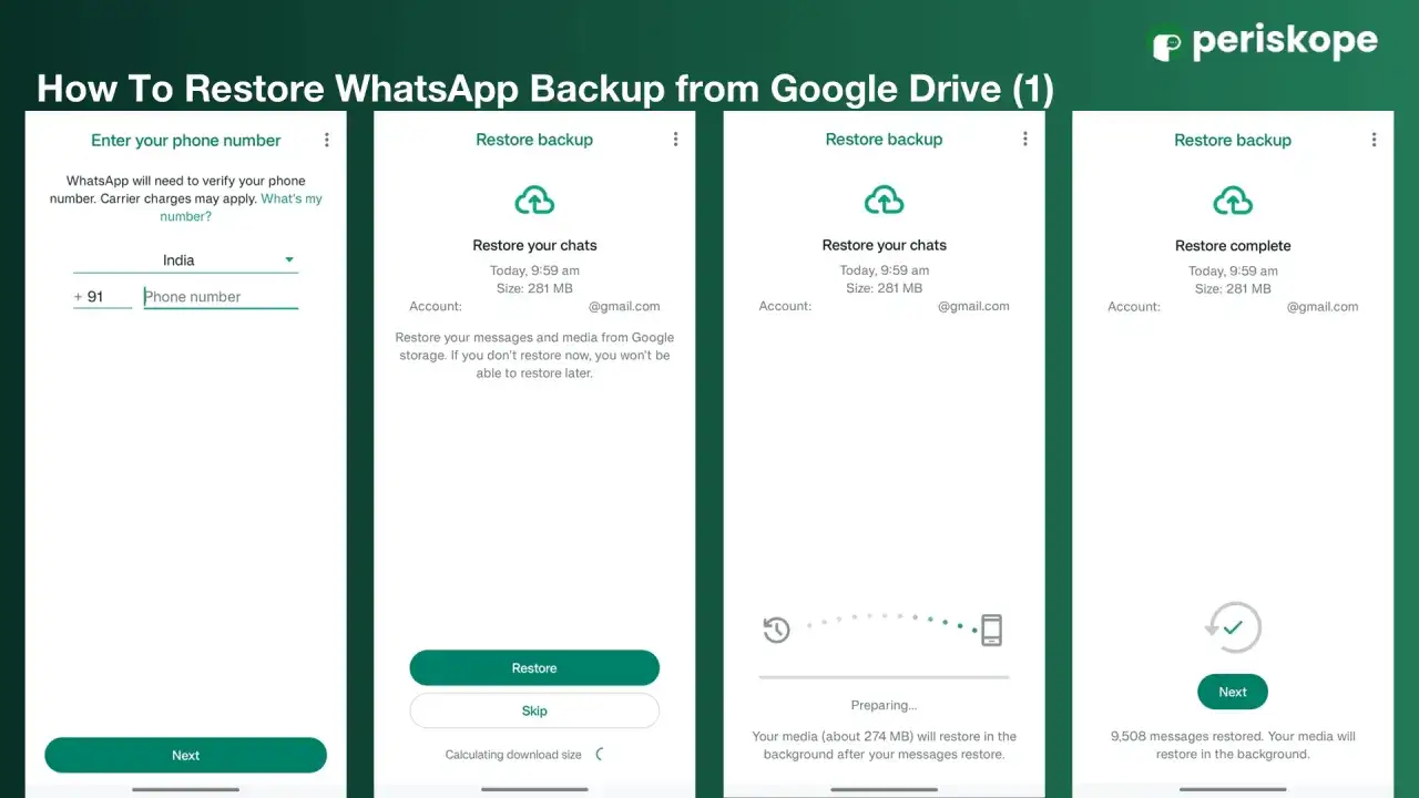 Proces przywracania kopii zapasowej WhatsApp z Dysku Google. Widzimy kolejne kroki: weryfikacja numeru, przywracanie czatów, przygotowanie i zakończenie.
