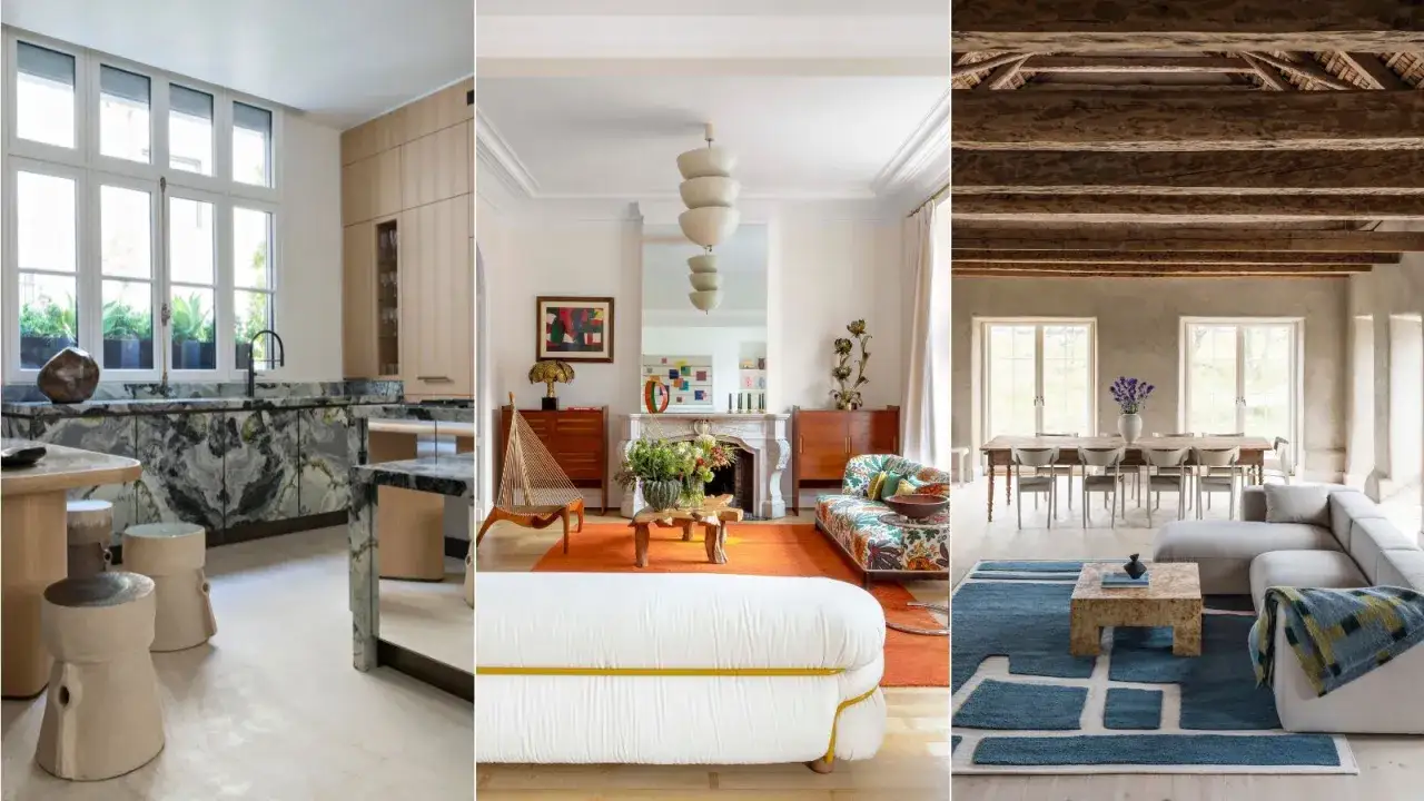 Un mixer moderne et ancien dans trois pi&egrave;ces : cuisine marbre, salon color&eacute;, salle &agrave; manger rustique.