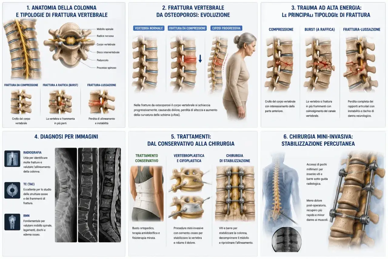 Illustrazione mostra una frattura vertebra D12 causata da trauma, con dettagli su tipi di fratture, diagnosi e trattamenti chirurgici.