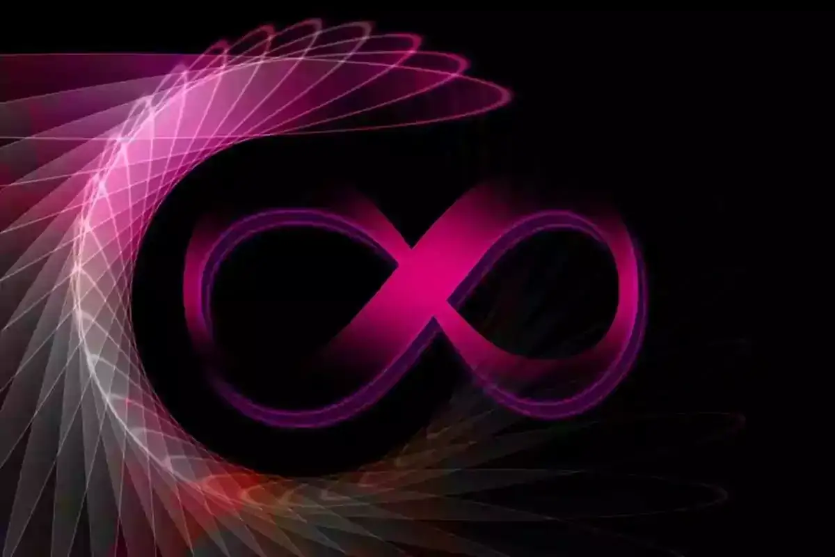 Symbole de l'infini rose vif, rappelant le chiffre 8, sur un fond noir avec des volutes lumineuses.