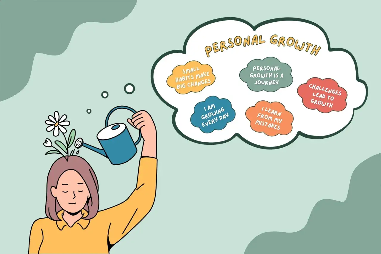 A person waters a flower growing from their head, symbolizing a mindset shift towards personal growth.